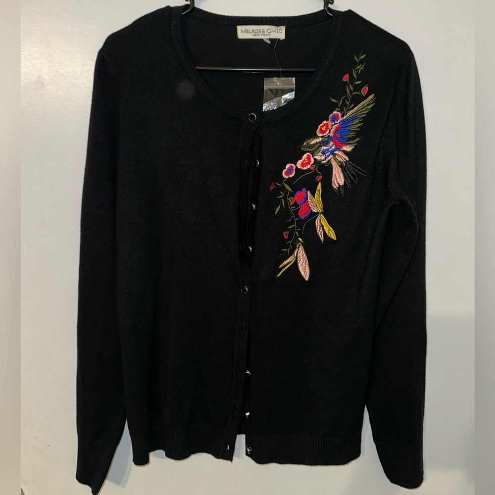 Melrose Chic Black Embroidered Bird Cardigan